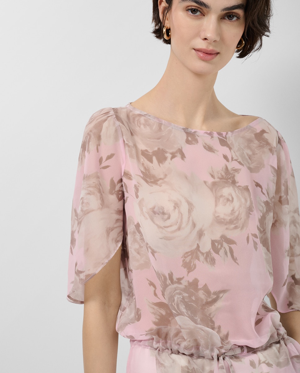 Blusa de Manga com Folho de Chiffon e Estampado Floral Rosa-claro-2