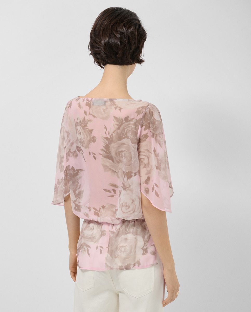 Blusa de Manga com Folho de Chiffon e Estampado Floral Rosa-claro-3
