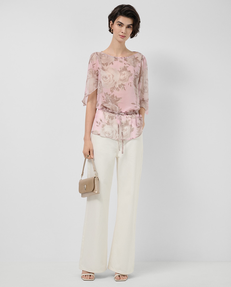 Blusa de Manga com Folho de Chiffon e Estampado Floral Rosa-claro-6
