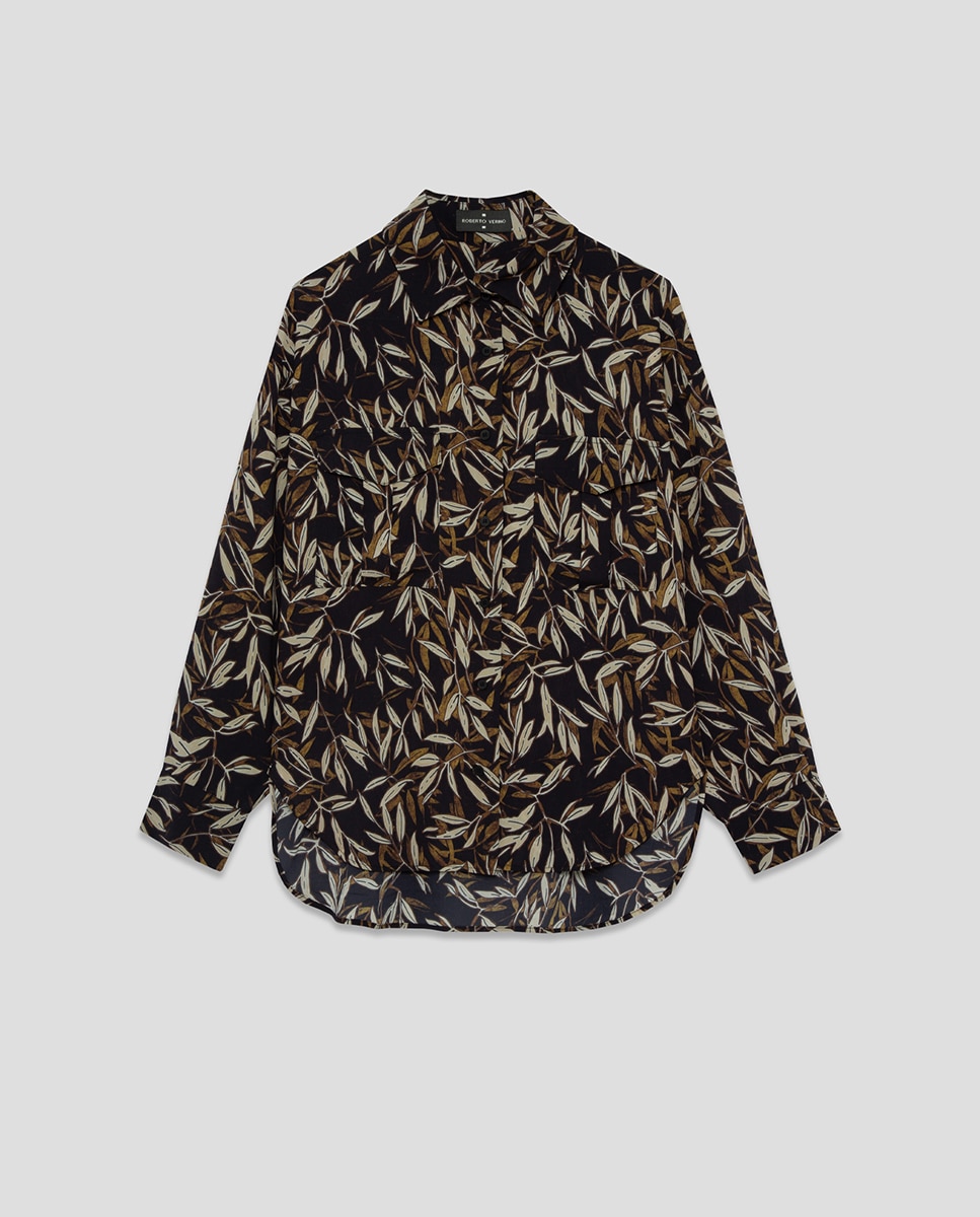 Blusa Oversize de Crepe com Estampado de Folhas Preto-5