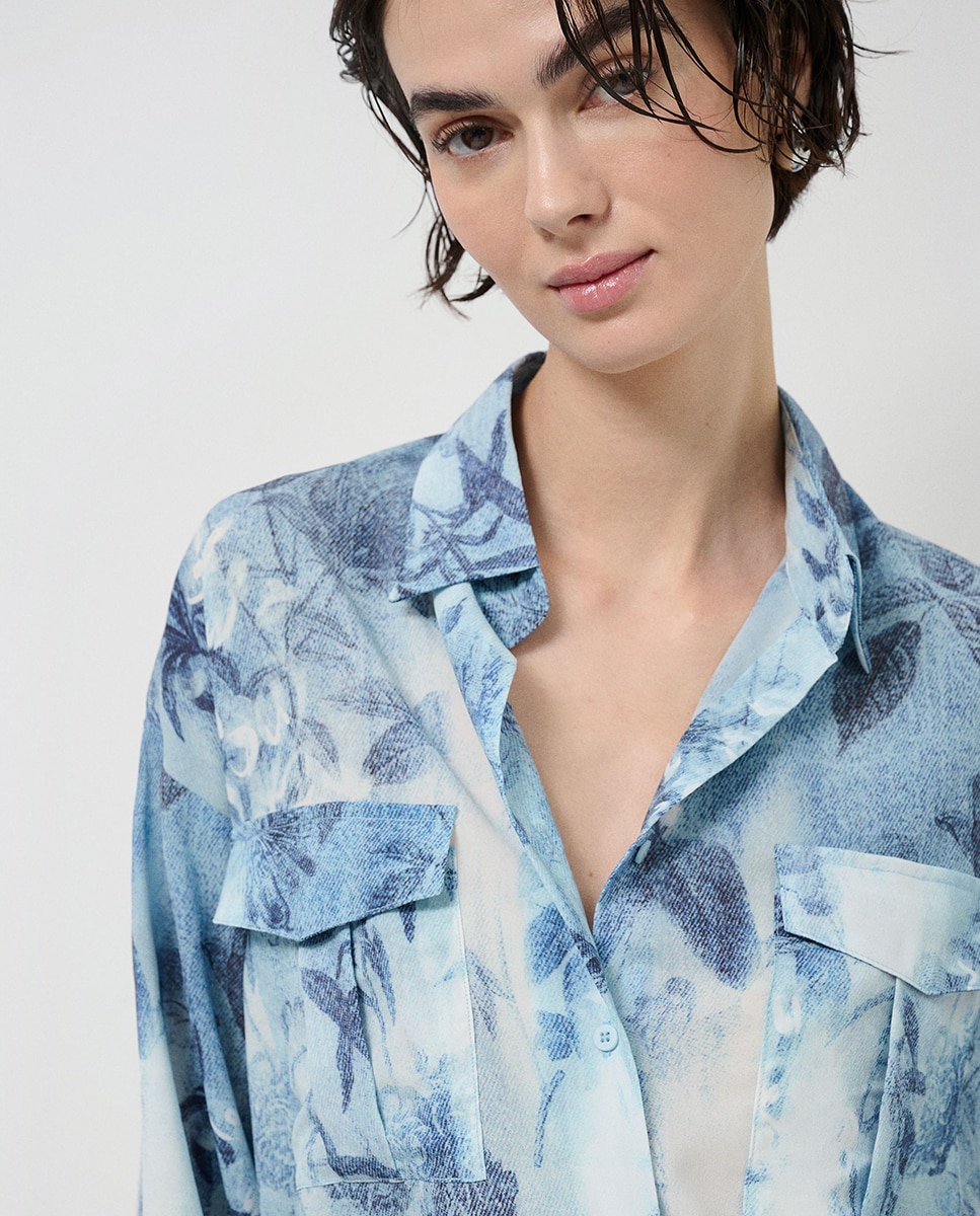Blusa Oversize de Crepe com Estampado Floral Azul-índigo-2