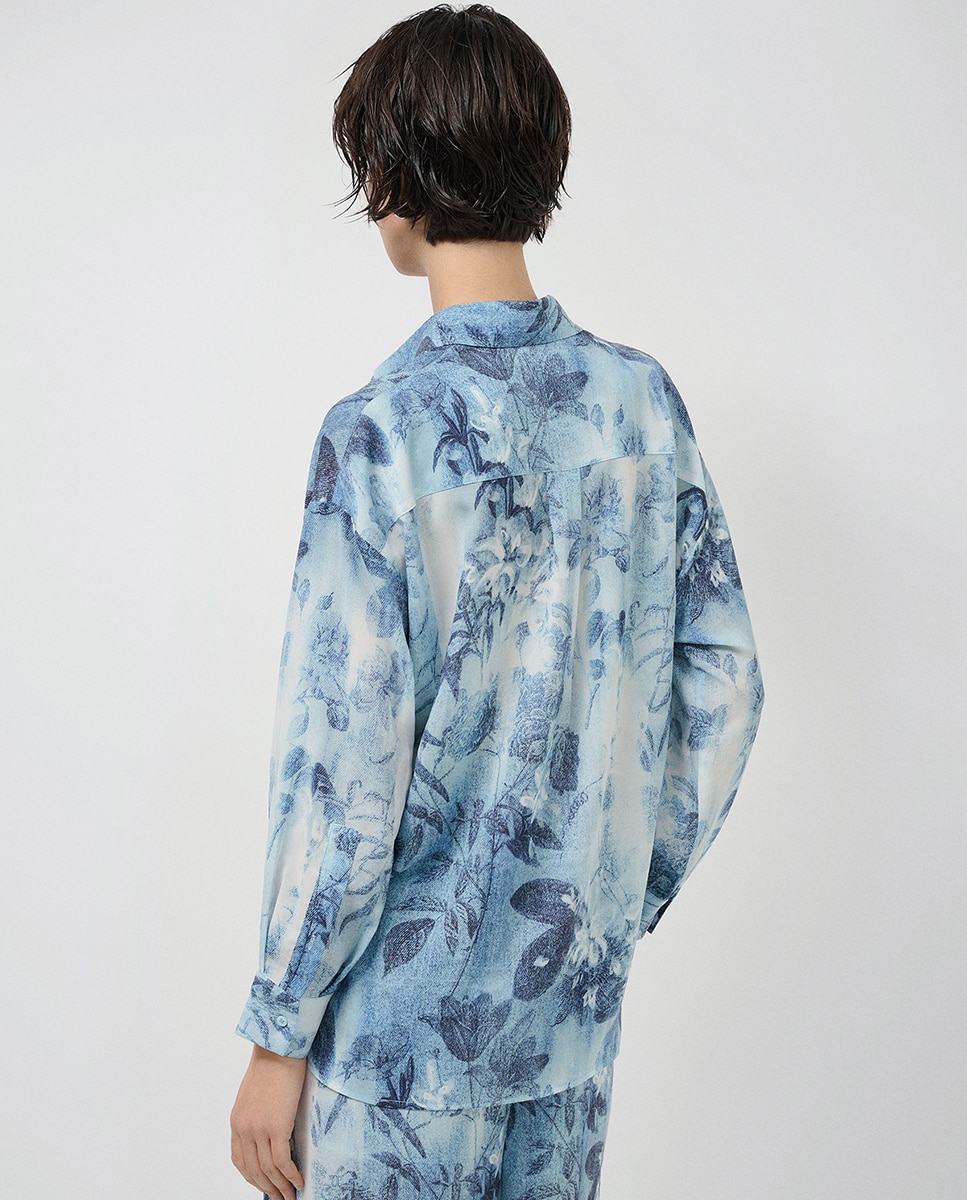 Blusa Oversize de Crepe com Estampado Floral Azul-índigo-3