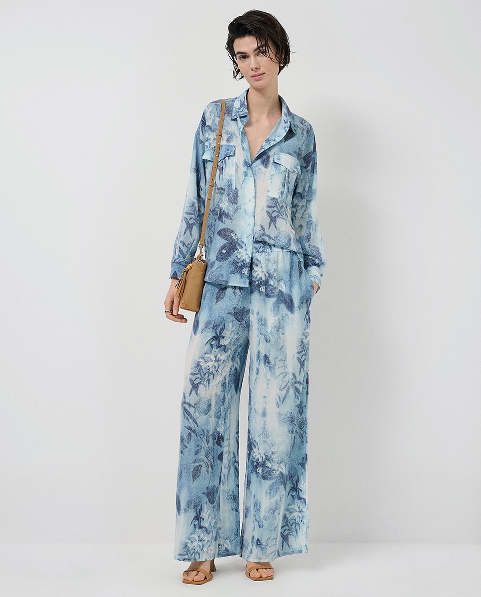 Blusa Oversize de Crepe com Estampado Floral Azul-índigo-6