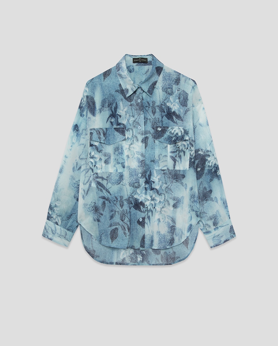 Blusa Oversize de Crepe com Estampado Floral Azul-índigo-4