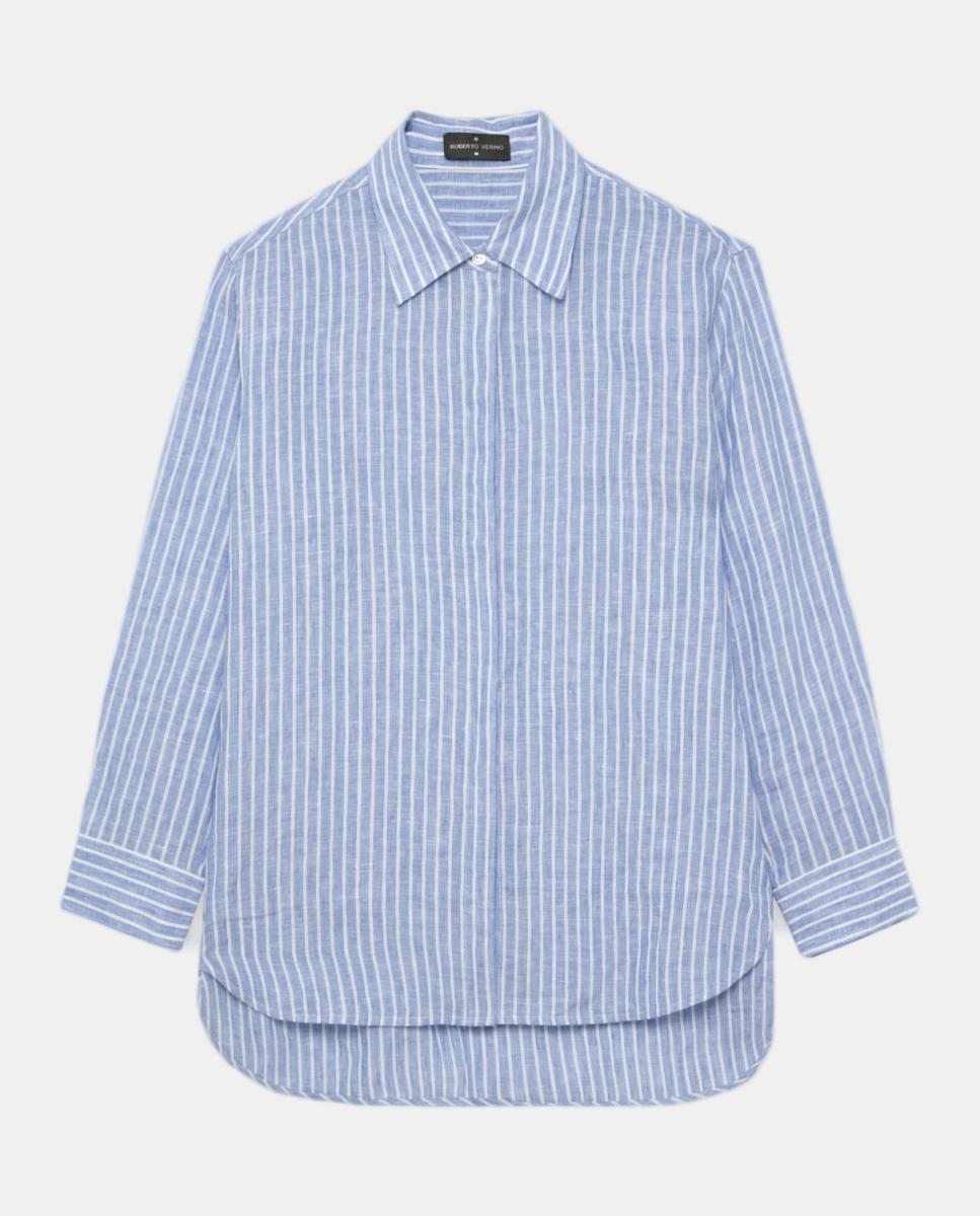Camisa Oversize às Riscas Azul-4