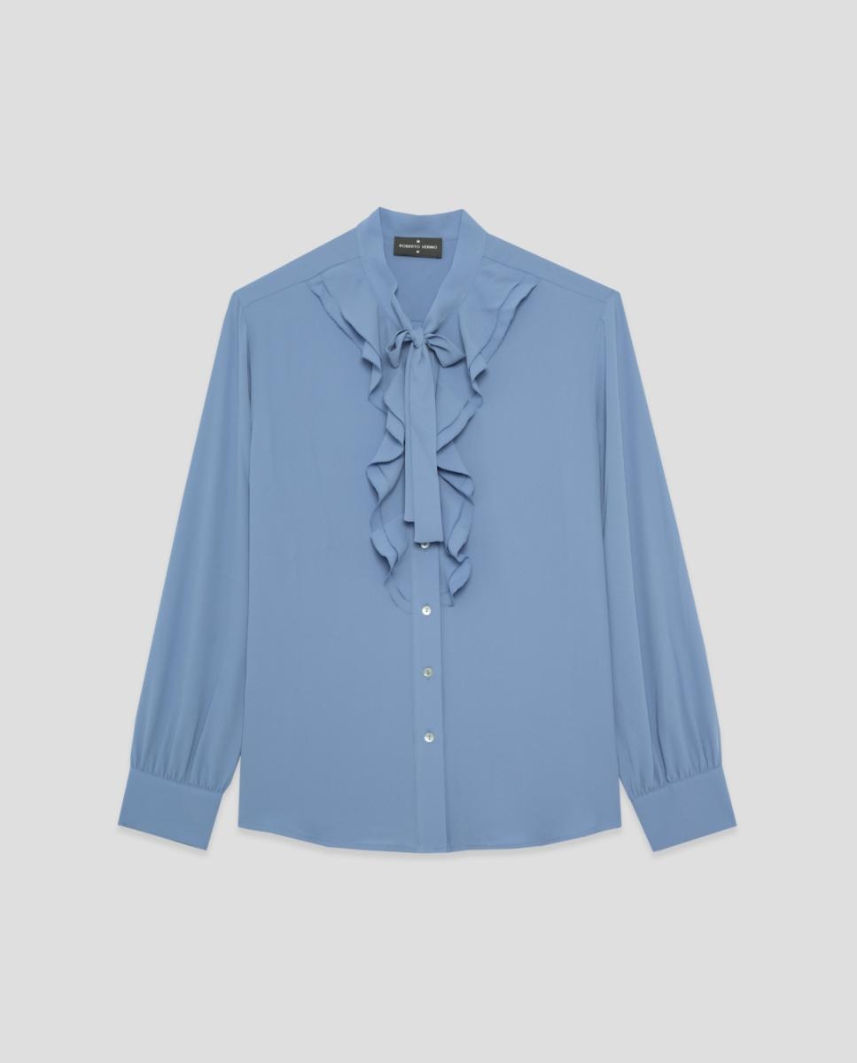 Blusa com Folhos no Peito Azul-3