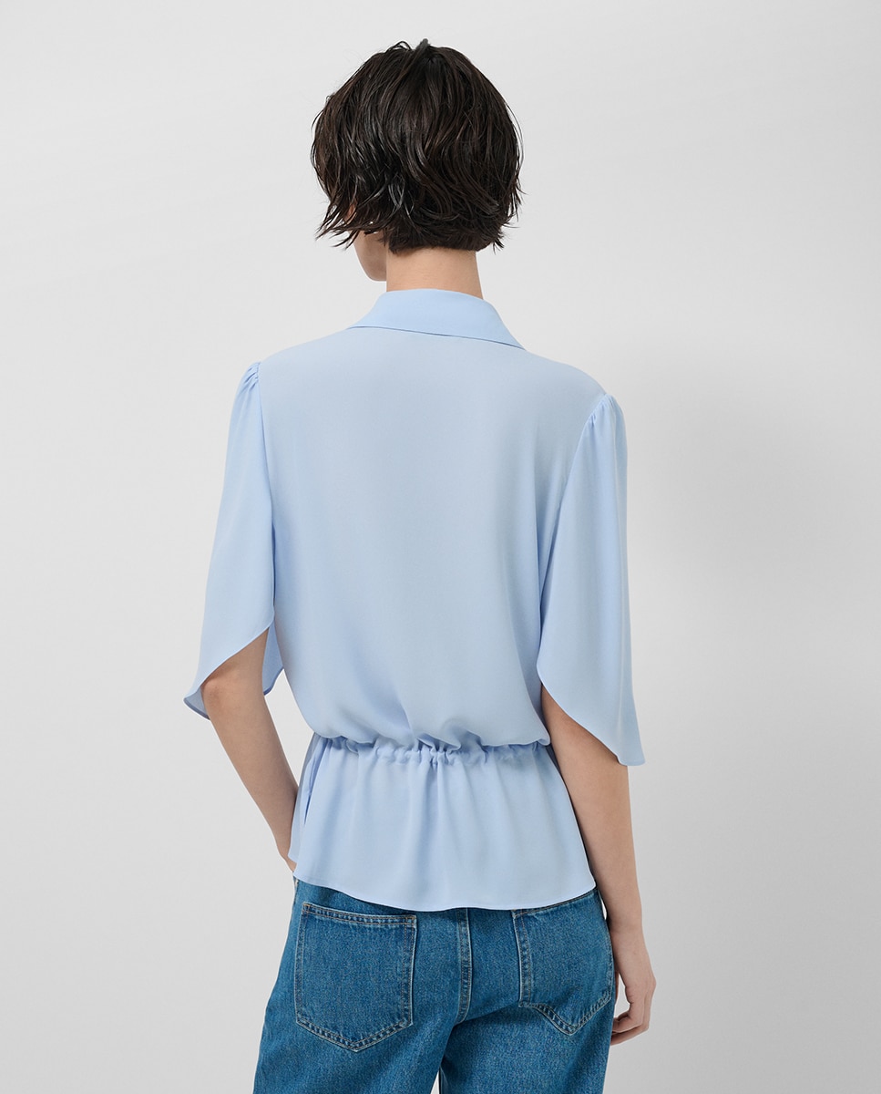 Blusa de Manga com Folho e Cintura Franzida Azul-3