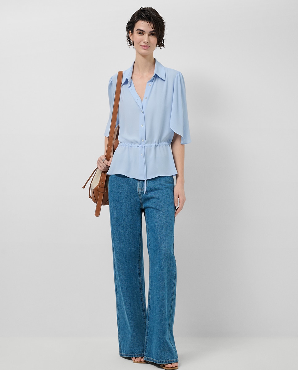 Blusa de Manga com Folho e Cintura Franzida Azul-6