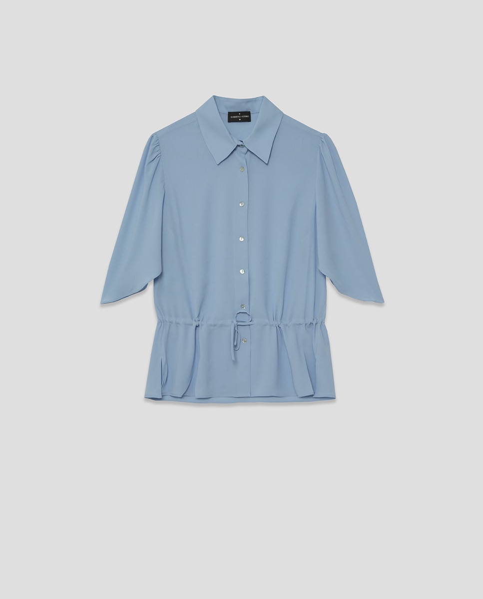 Blusa de Manga com Folho e Cintura Franzida Azul-5