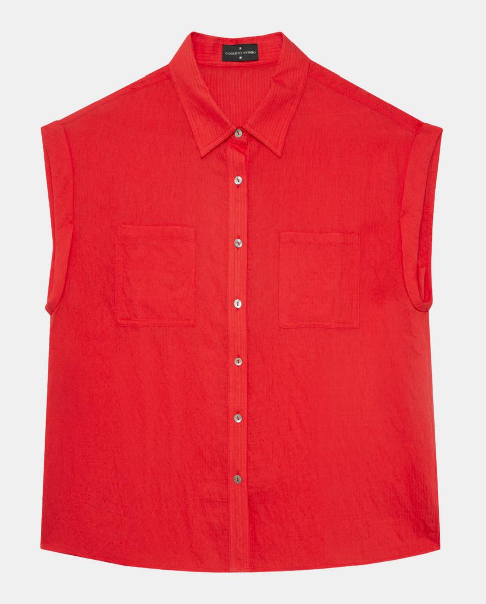 Blusa sem Mangas e com Bolsos Vermelho-4