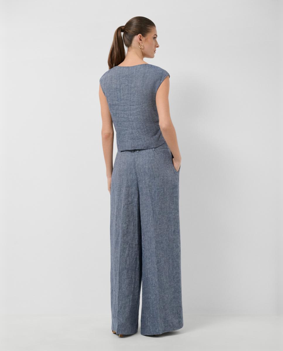 Blusa Franzida de Linho sem Mangas Azul-3