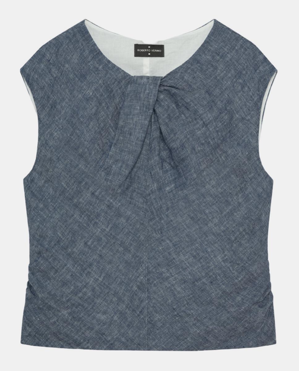 Blusa Franzida de Linho sem Mangas Azul-4