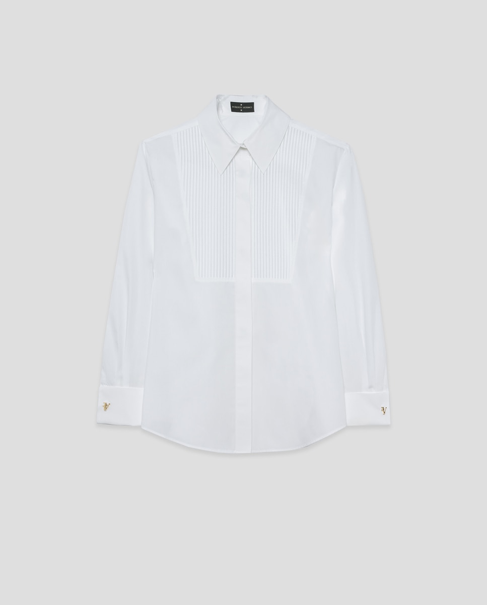 Camisa Clássica de Algodão com Pregas Branco-4
