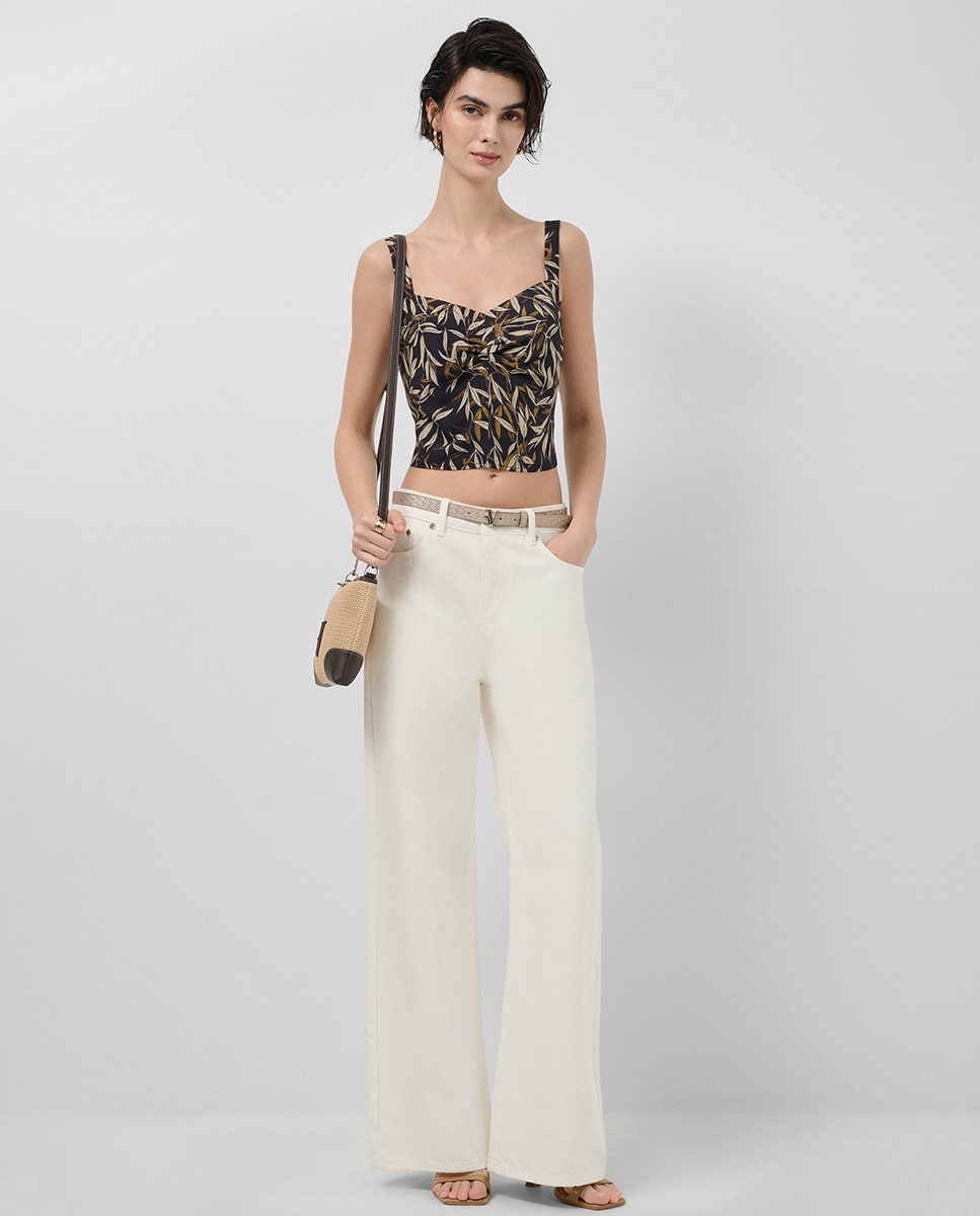 Crop Top de Crepe com Estampado de Folhas Preto-6