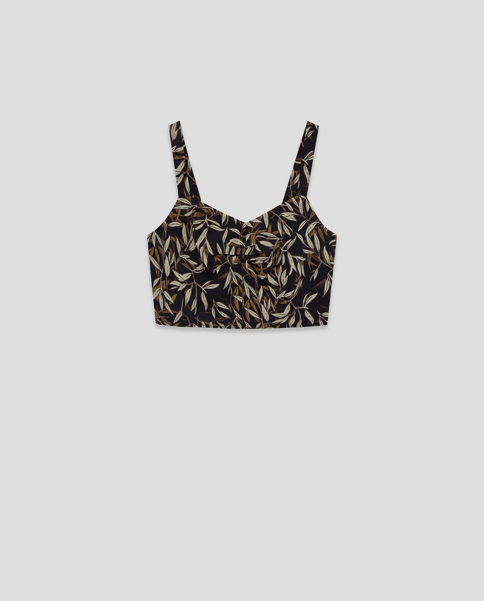 Crop Top de Crepe com Estampado de Folhas Preto-5