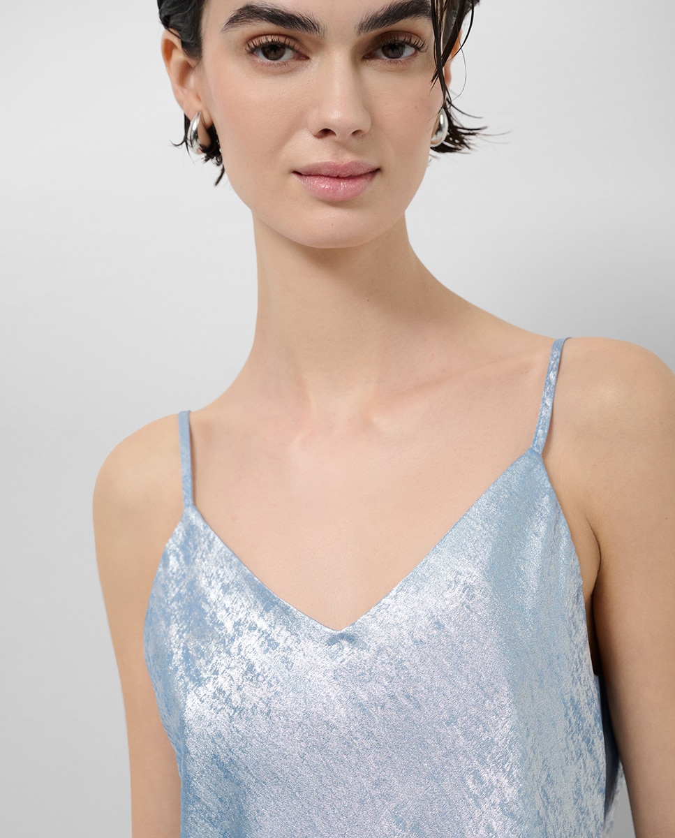 Top com Manga Cava em Tecido Laminado com Brilho Azul-claro-2