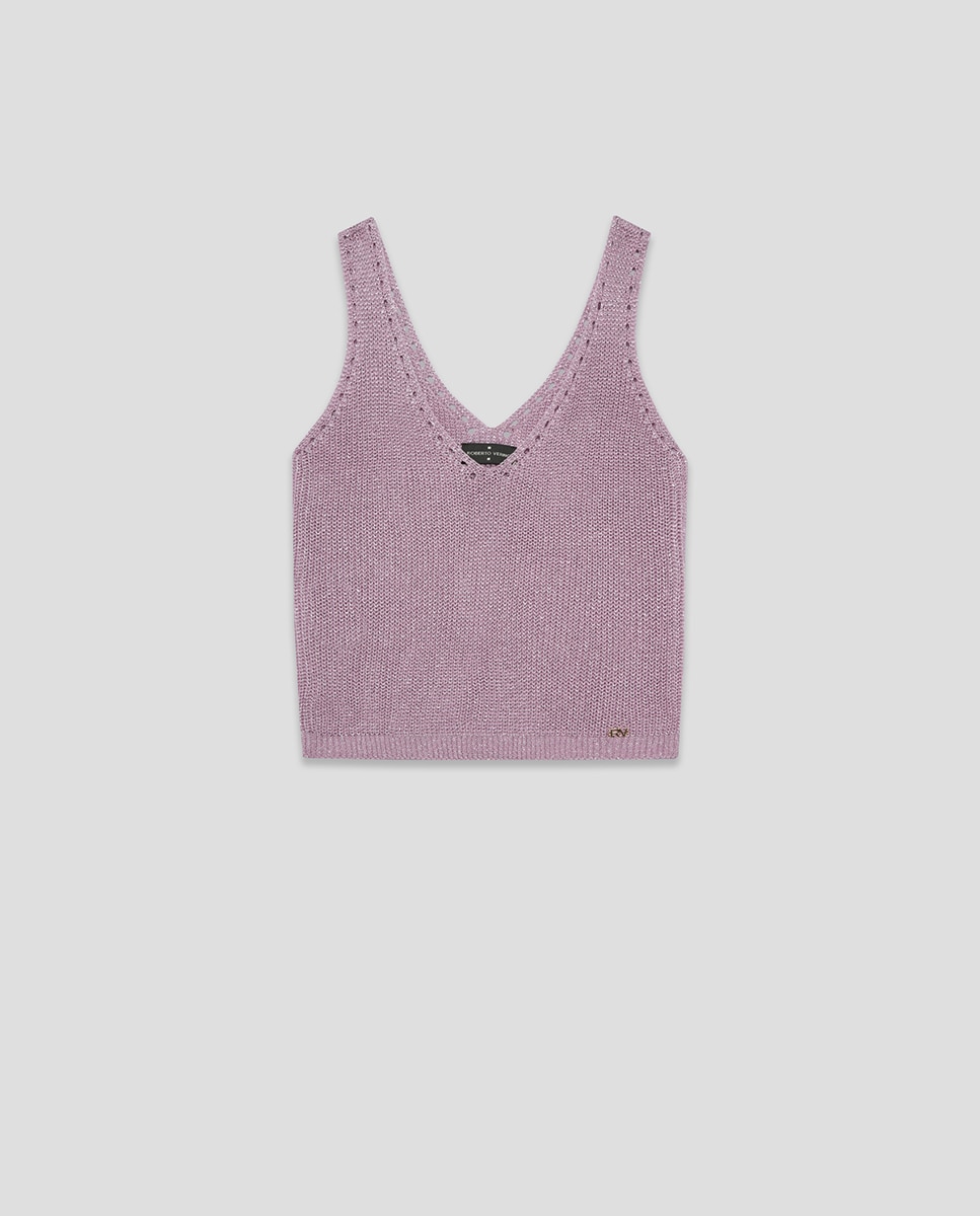 Top de Manga Cava de Malha Rendilhada com Fio Metalizado Rosa-claro-6