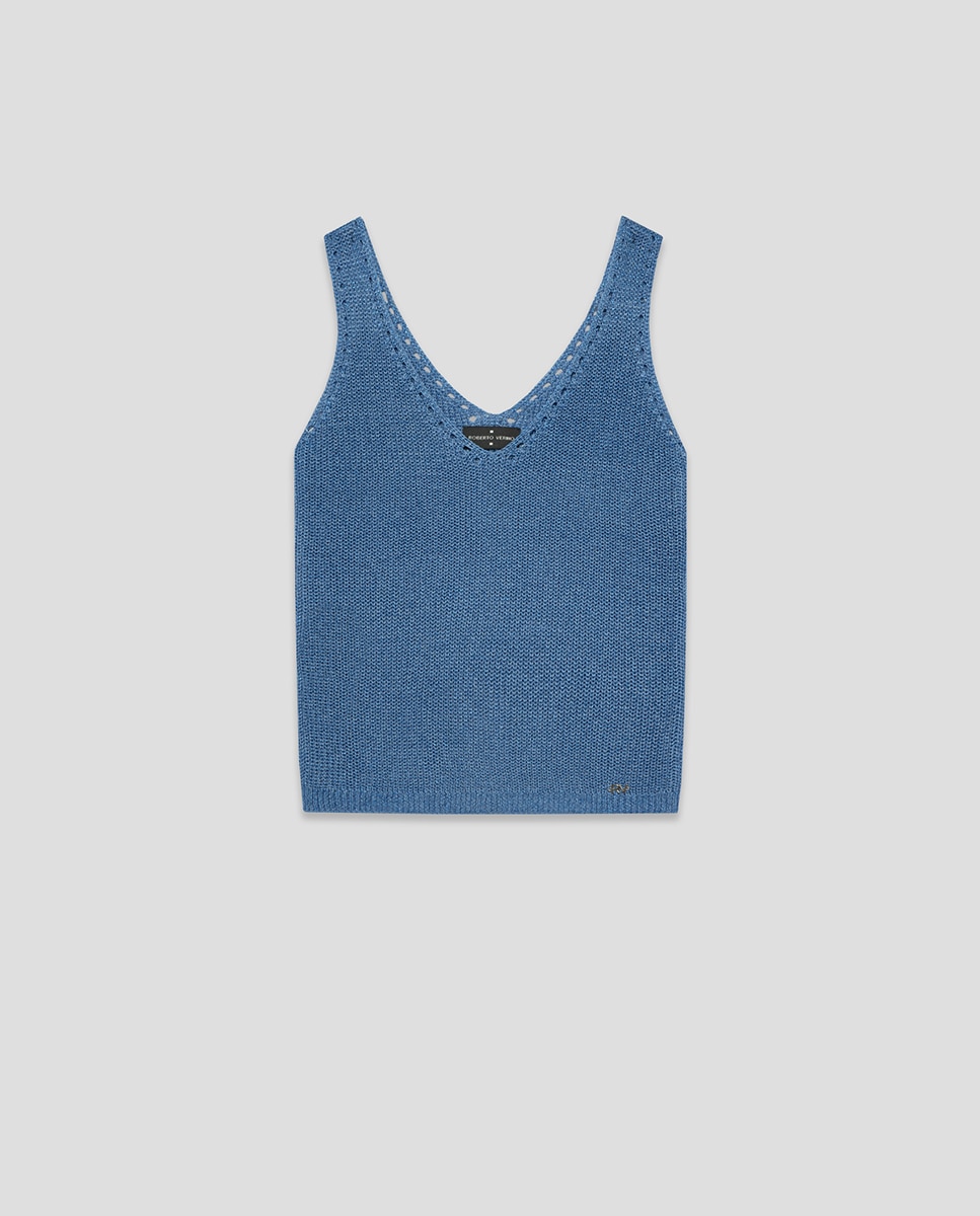 Top de Manga Cava de Malha Rendilhada com Fio Metalizado Azul-claro-5