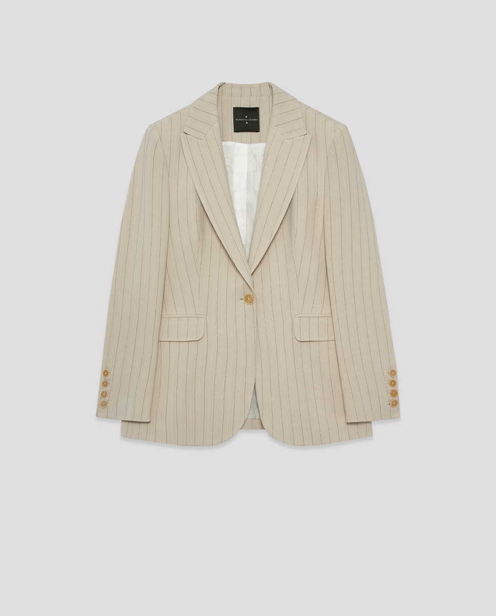 Blazer de um Botão com Risca Diplomática Bege-5