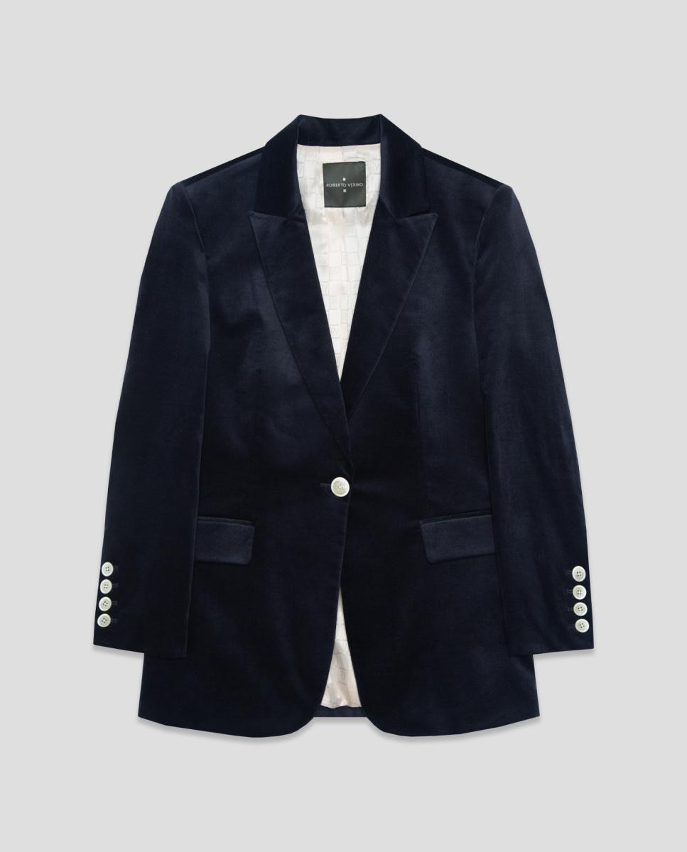 Blazer de um Botão em Veludo Azul-marinho-4