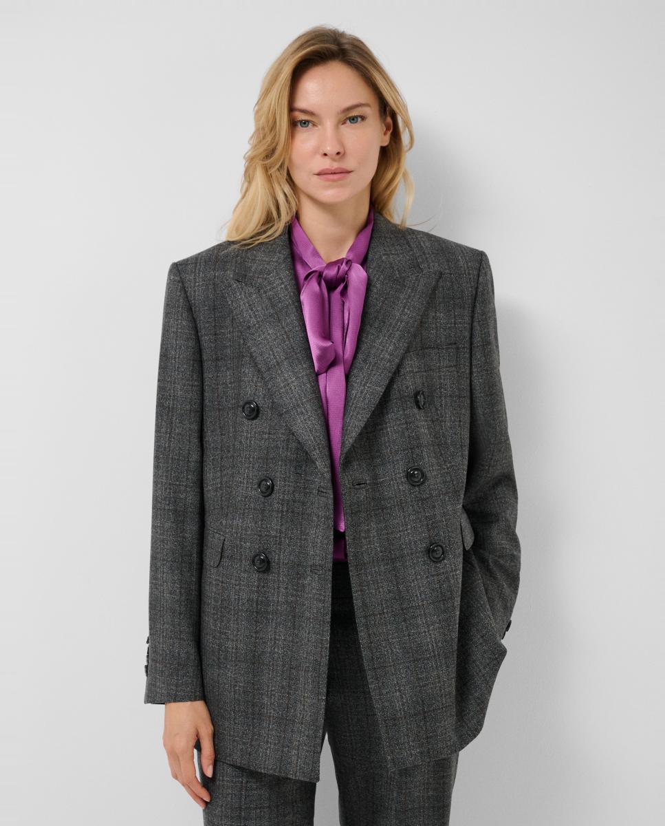 Imagen 0 de Blazer de mujer larga cruzada lana con dibujo de cuadros Gris oscuro