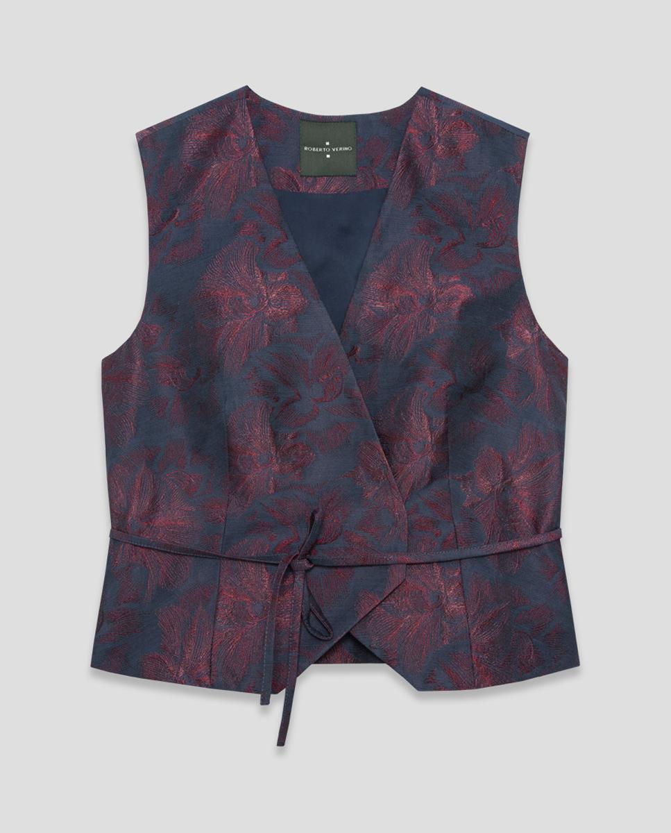 Colete Cruzado com Jacquard Floral Azul-marinho-4