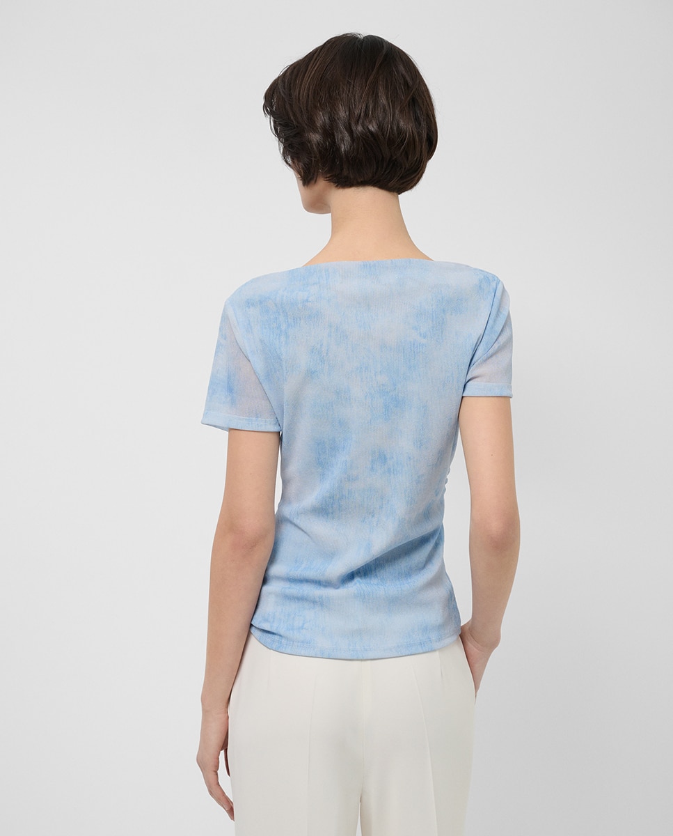 T-shirt de Manga Curta Franzida em Tule Azul-claro-3