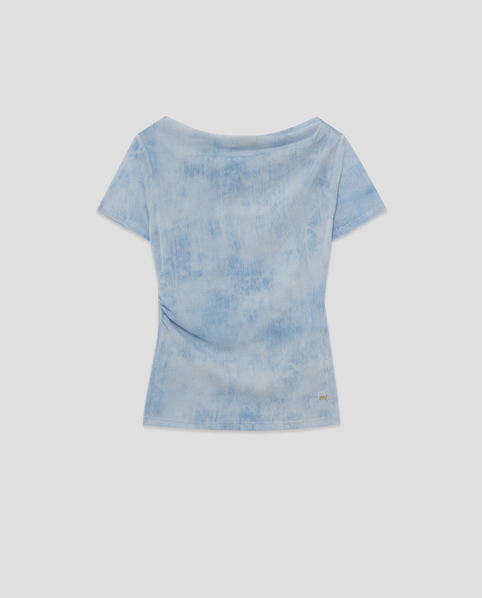 T-shirt de Manga Curta Franzida em Tule Azul-claro-5