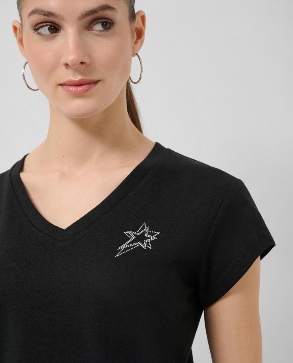 T-shirt de Malha com Decote em Bico Preto-2