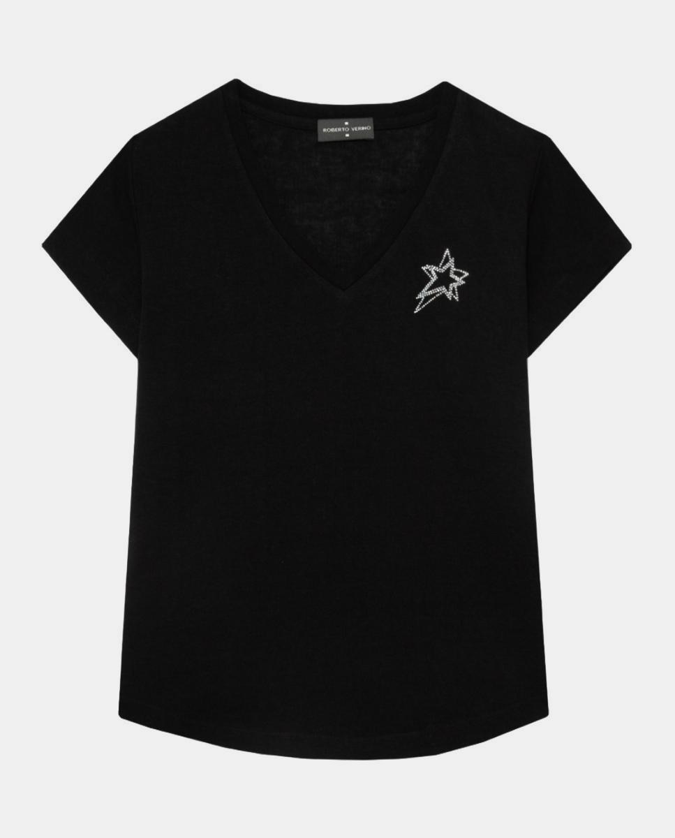 T-shirt de Malha com Decote em Bico Preto-4