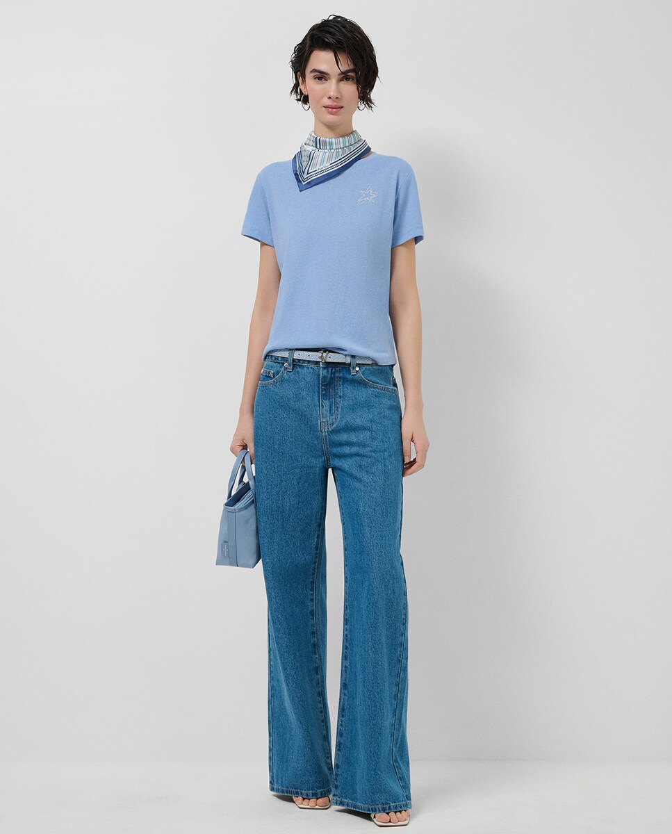 T-shirt de Malha com Decote Redondo Azul-6