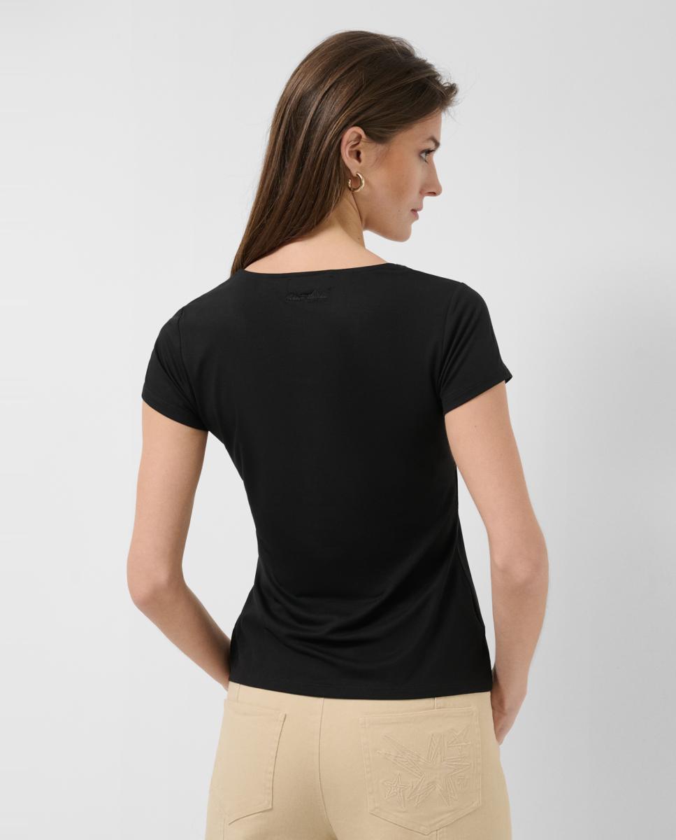 T-shirt de Manga Curta com Decote Bordado Preto-3