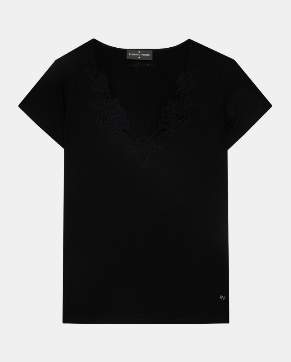 T-shirt de Manga Curta com Decote Bordado Preto-4
