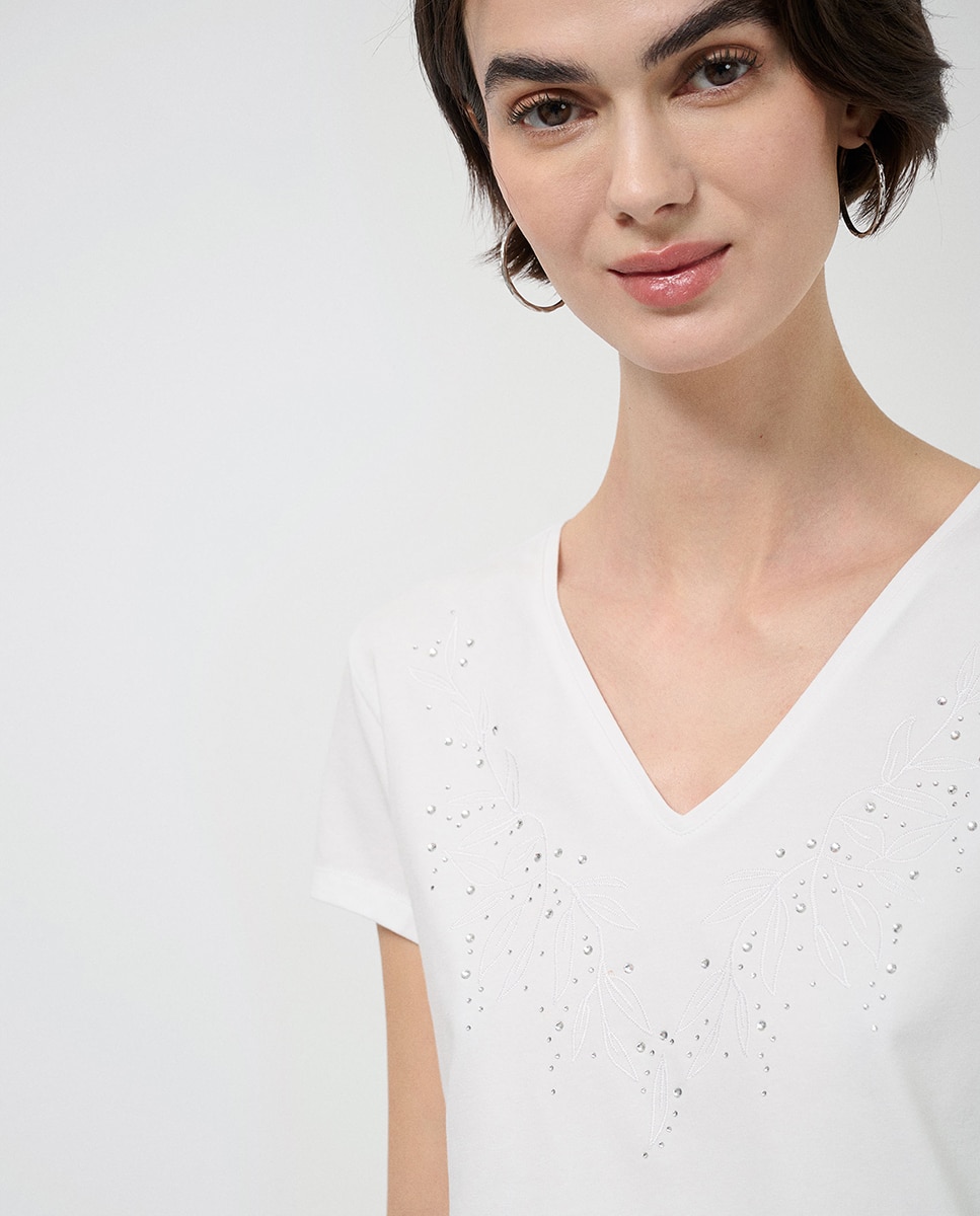 T-shirt de Manga Curta com Decote Bordado Branco-2