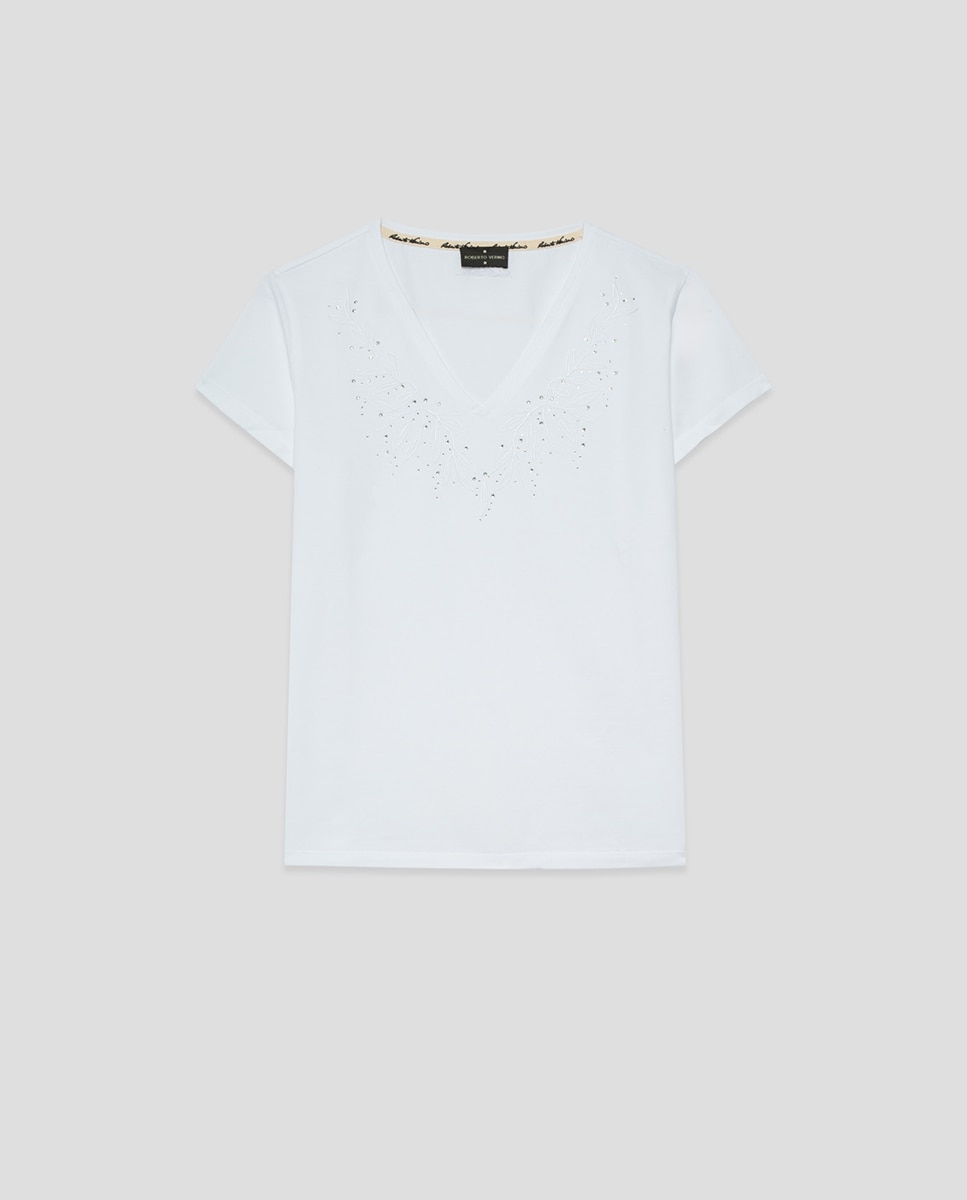 T-shirt de Manga Curta com Decote Bordado Branco-4