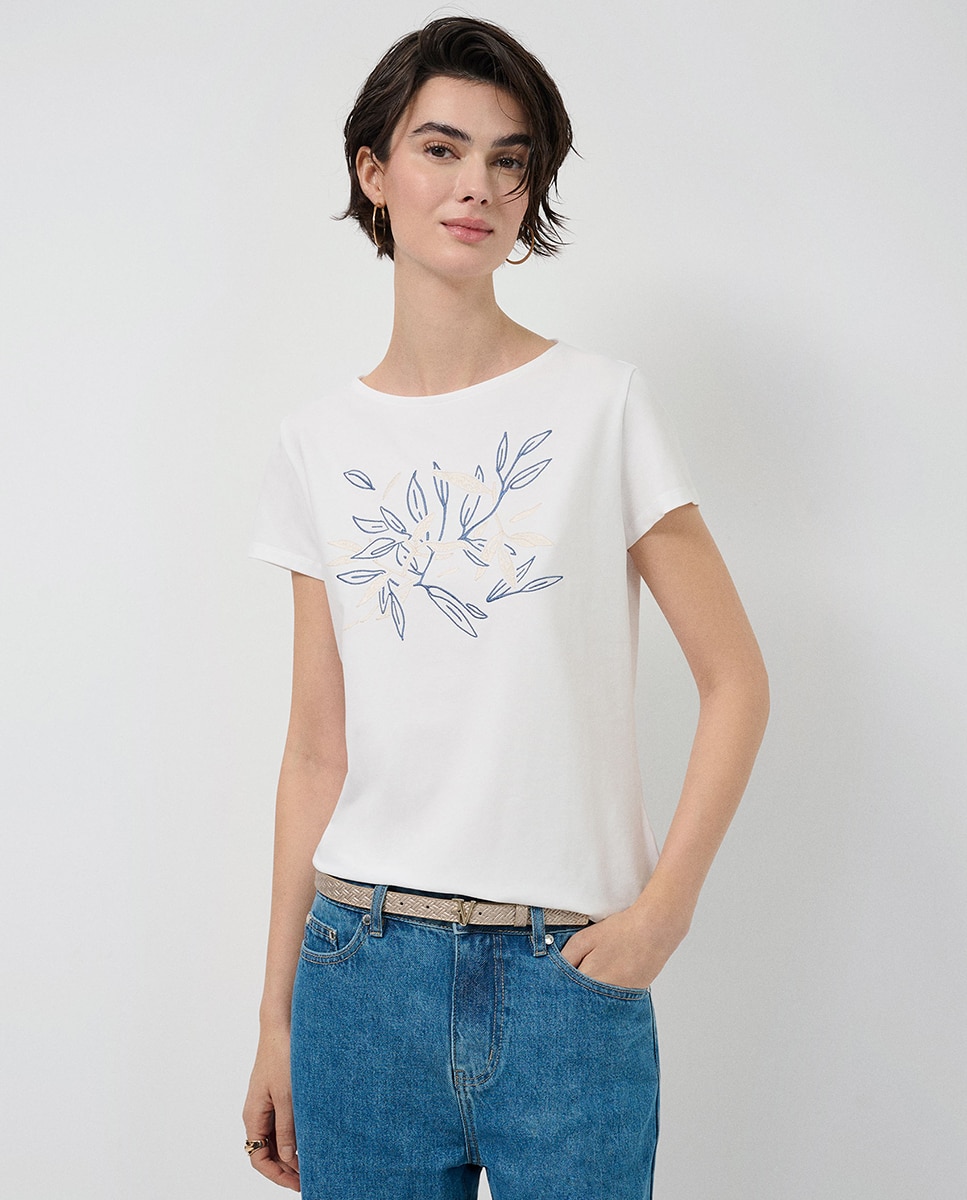 Roberto Verino - Camiseta de mujer manga corta bordado delantero.