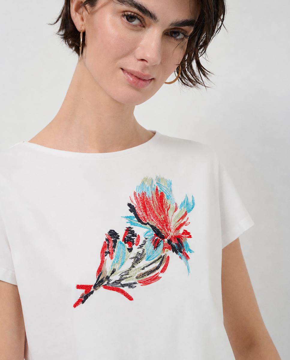 T-shirt de Algodão com Bordado Floral Branco-3