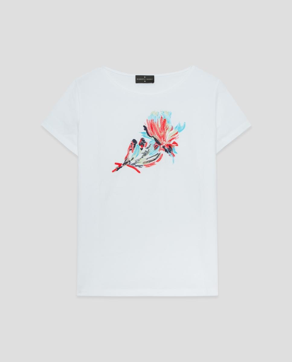 T-shirt de Algodão com Bordado Floral Branco-5