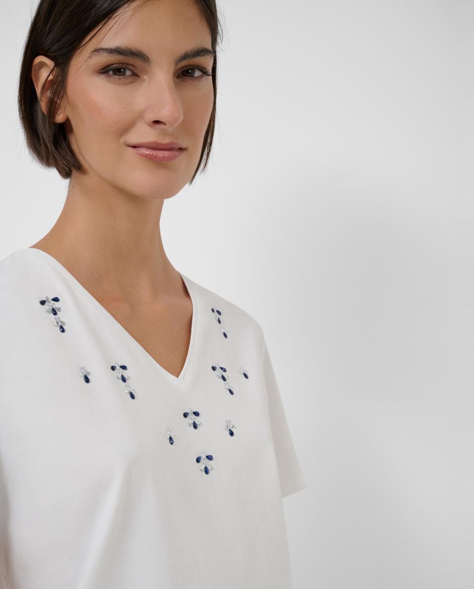 T-shirt de decote em bico com strass Branco-2