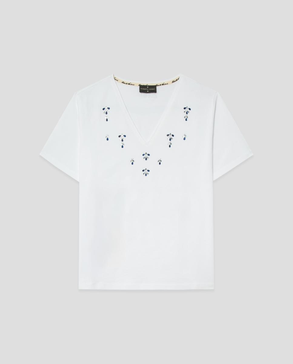 T-shirt de decote em bico com strass Branco-4
