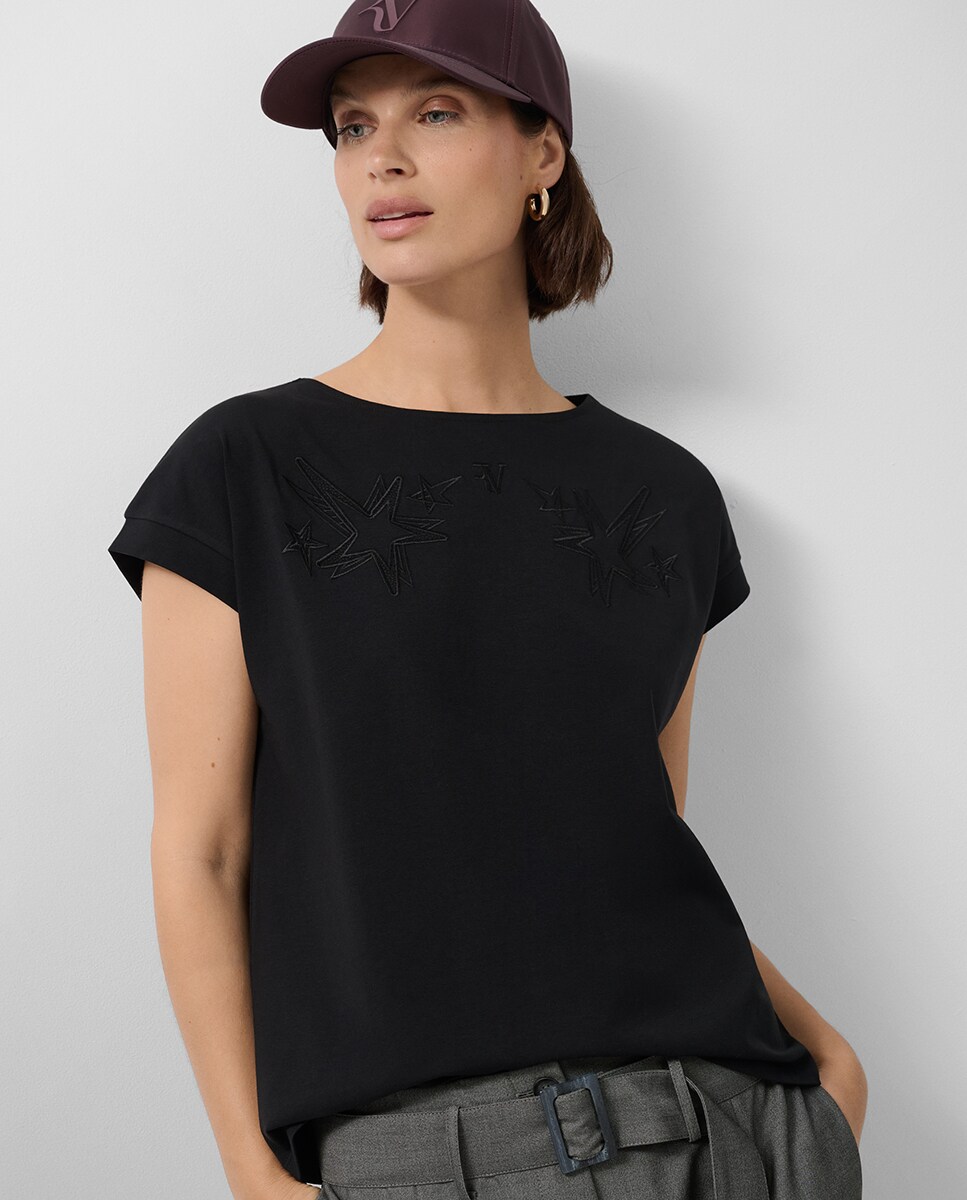 T-shirt sem Mangas Oversize com Estrelas Preto-1