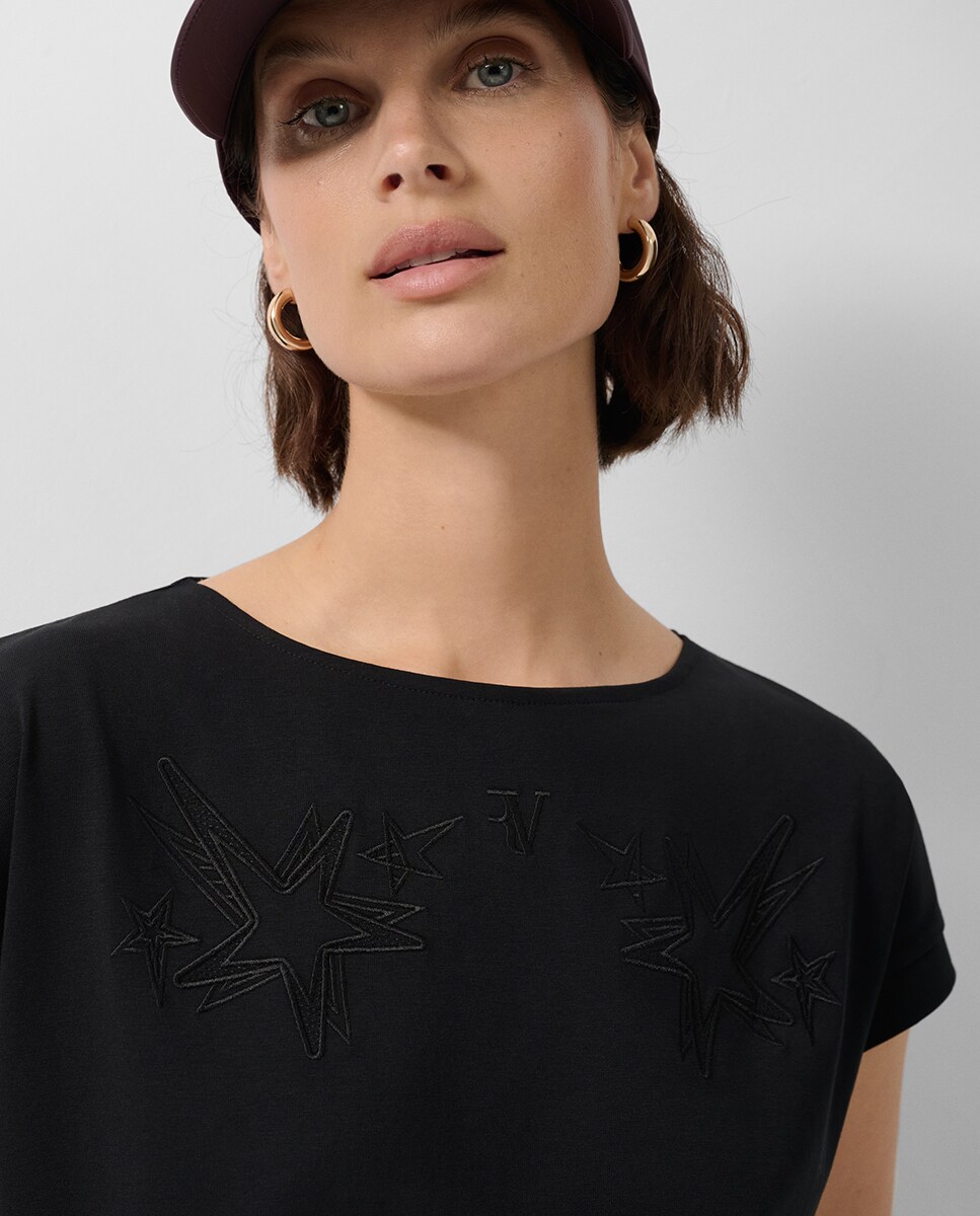 T-shirt sem Mangas Oversize com Estrelas Preto-3