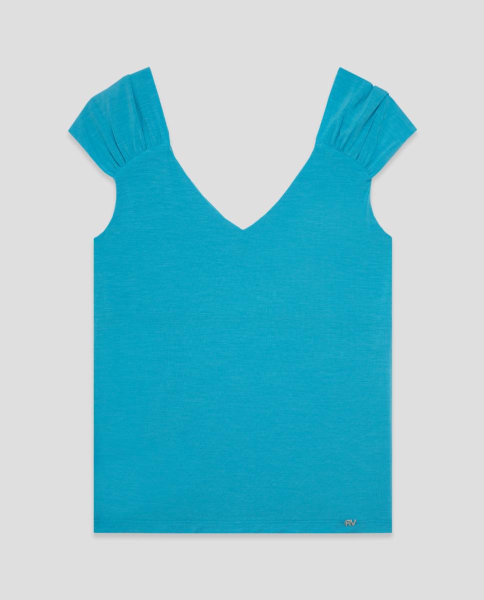 T-shirt de Alça Franzida Azul-4