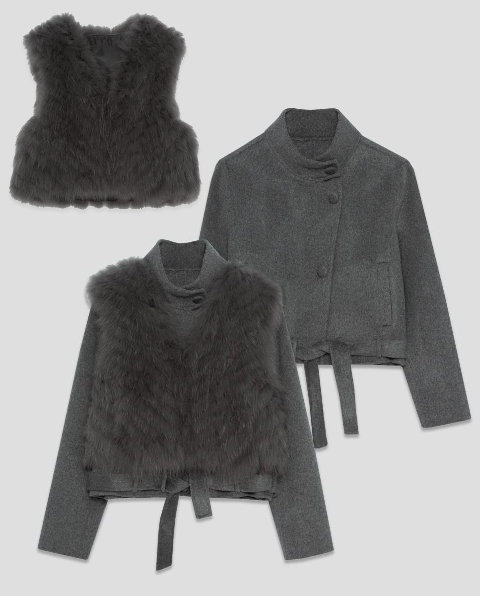 Imagen 9 de Chaqueta de mujer corta paño con chaleco extraíble de pelo - Roberto Verino - Gris oscuro Gris oscuro