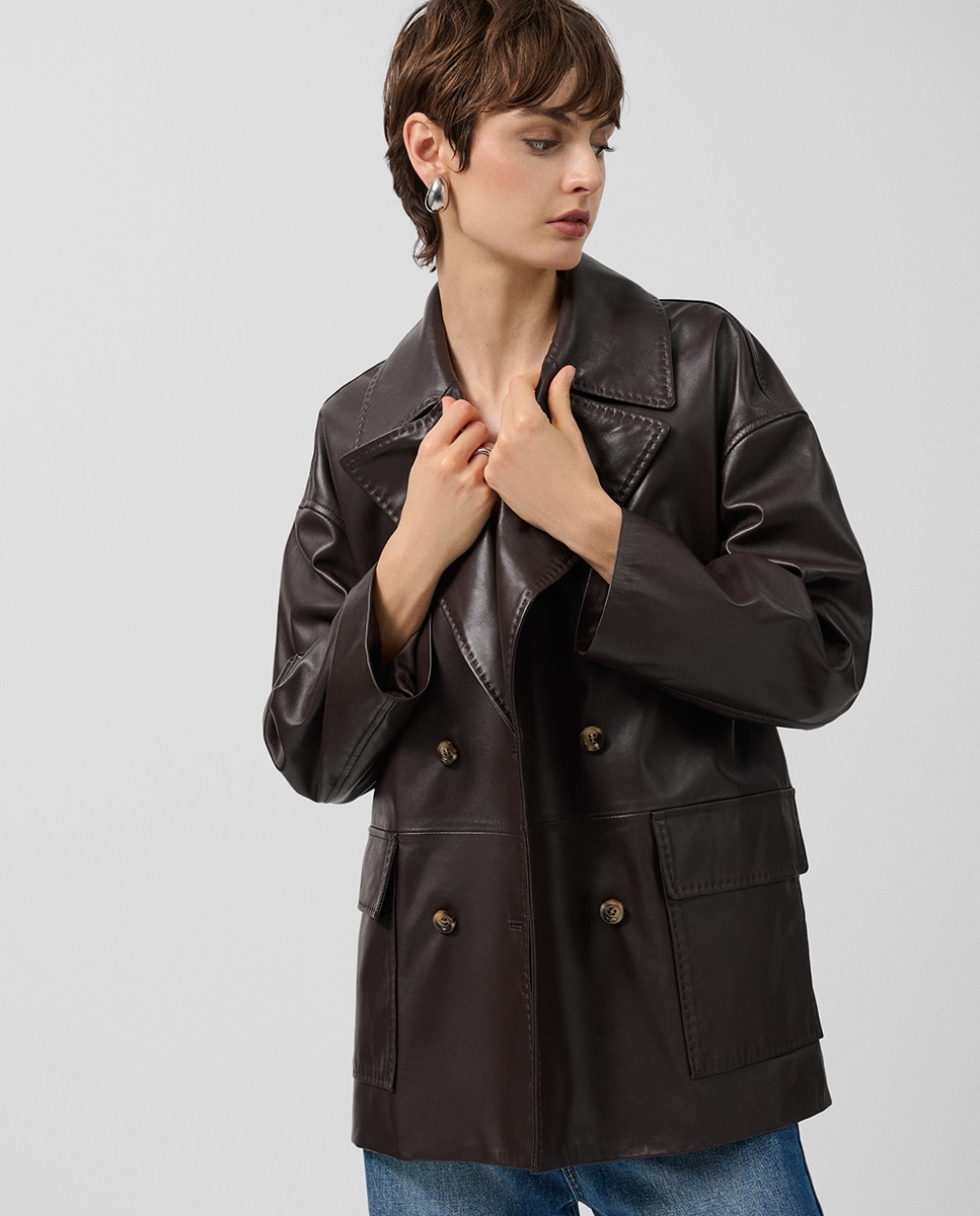 Casacão Cruzado de Napa com Bolsos Castanho-1