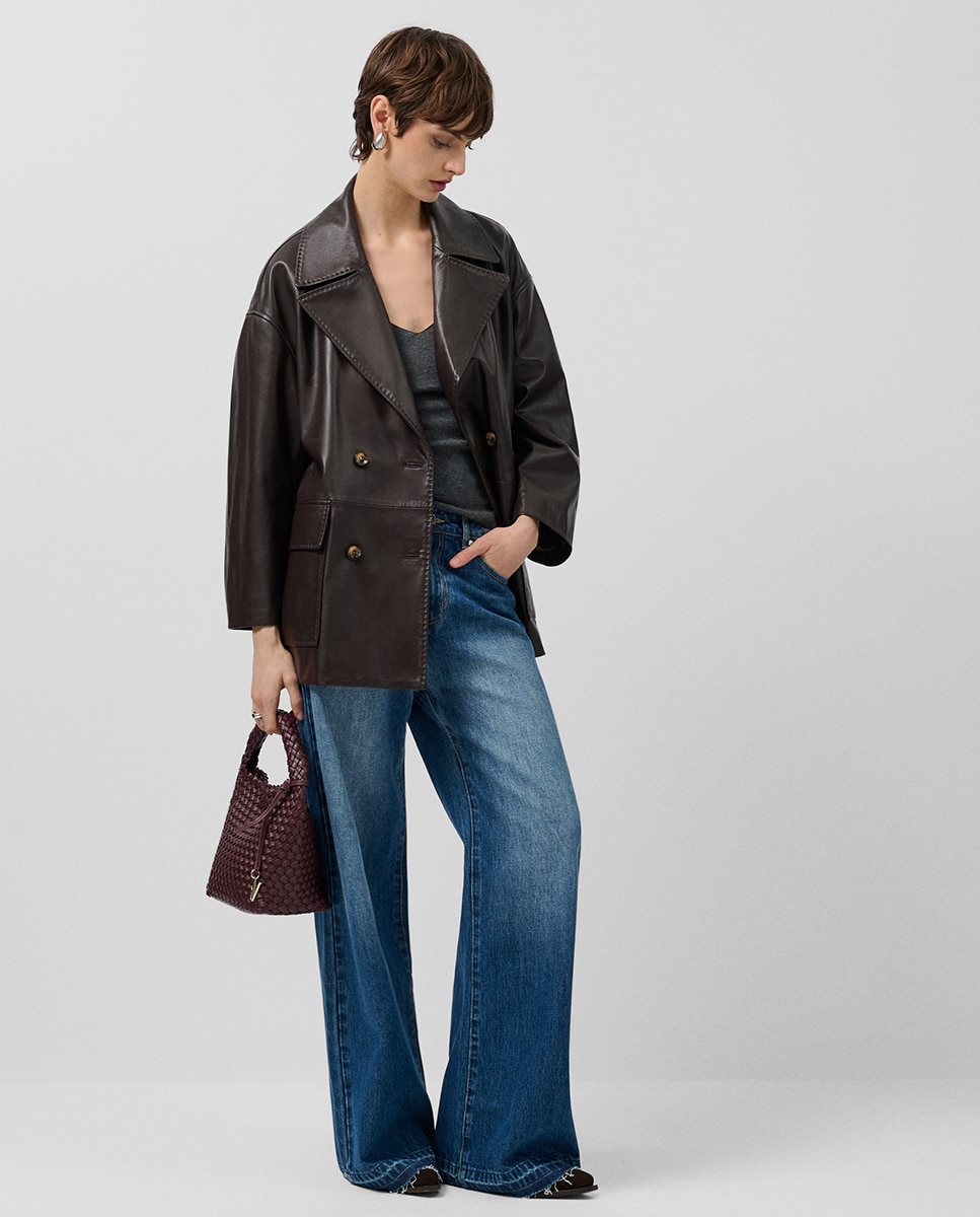 Casacão Cruzado de Napa com Bolsos Castanho-2