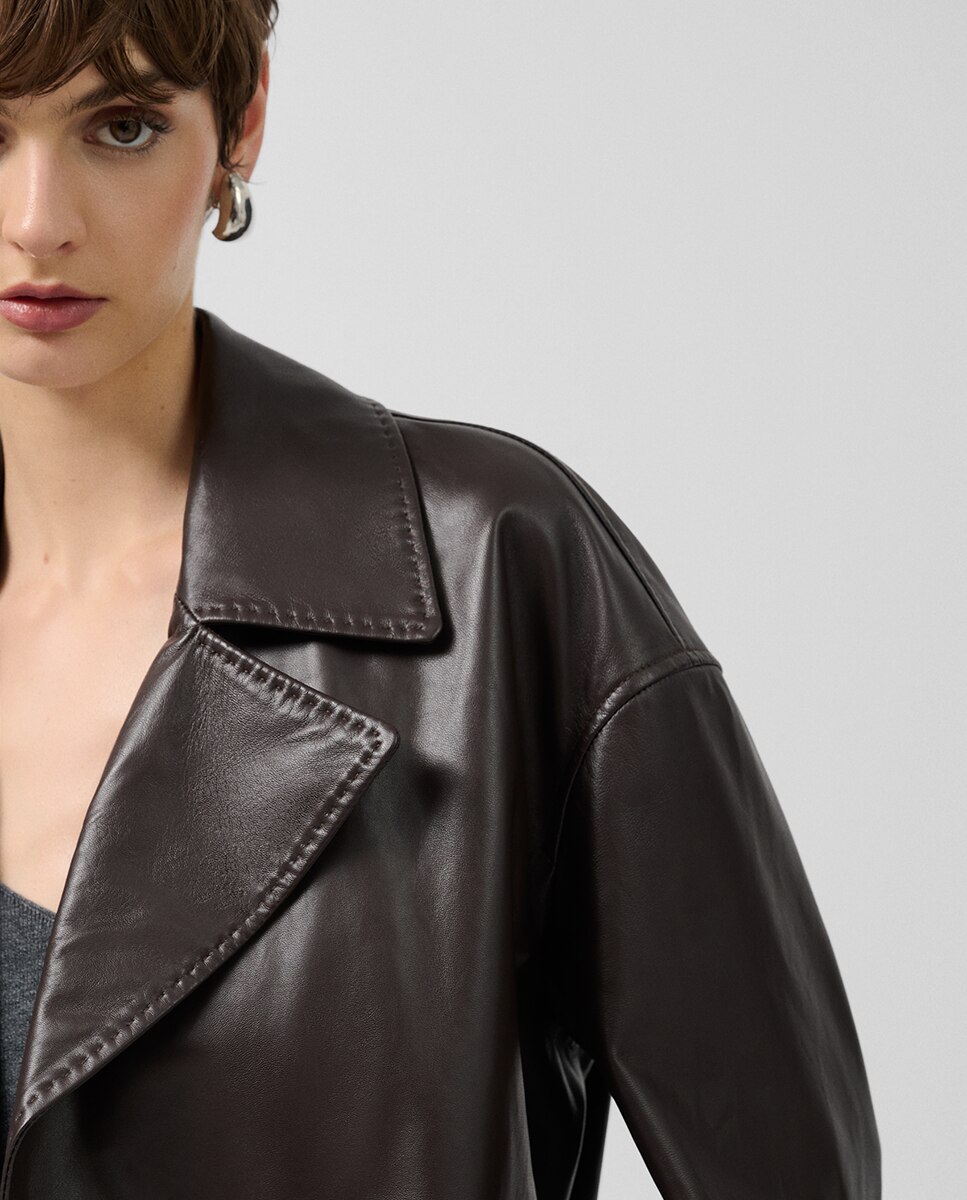 Casacão Cruzado de Napa com Bolsos Castanho-3