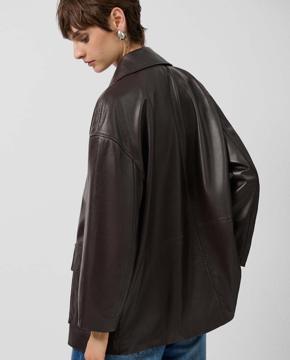 Casacão Cruzado de Napa com Bolsos Castanho-4