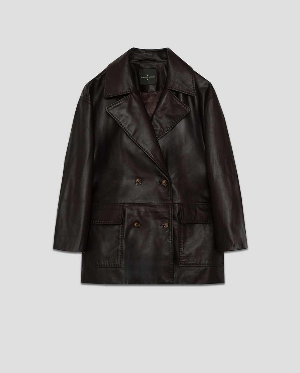 Casacão Cruzado de Napa com Bolsos Castanho-5