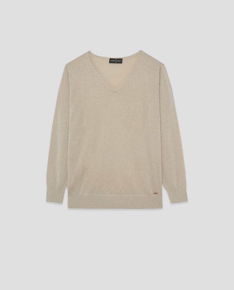 Camisola de malha fina com decote em bico Cru-4